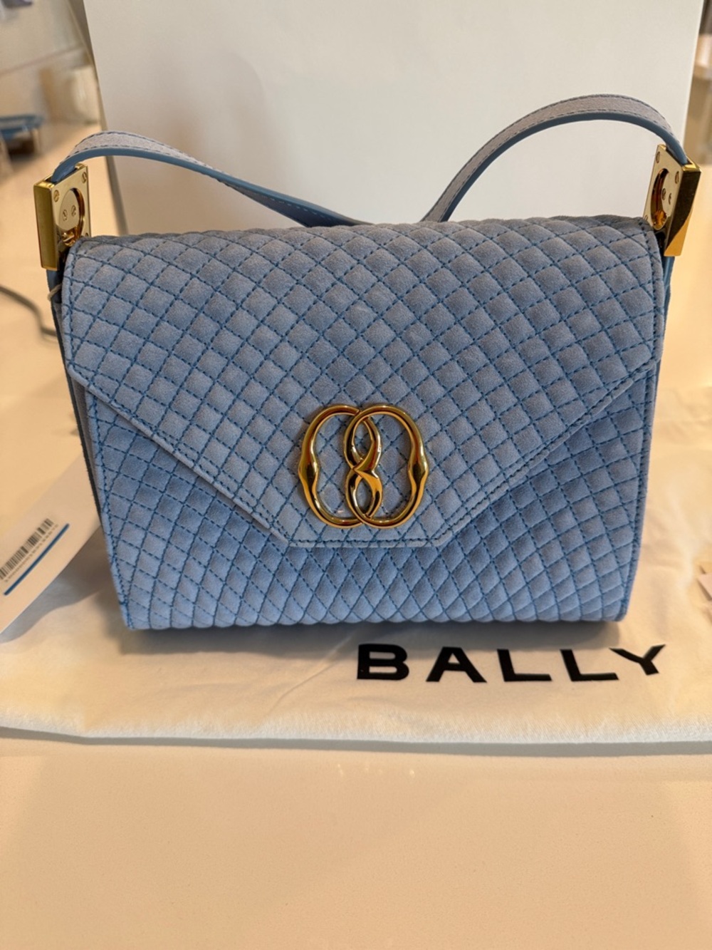 Bally Quilted Light Blue Crossbody with Gold Hardware